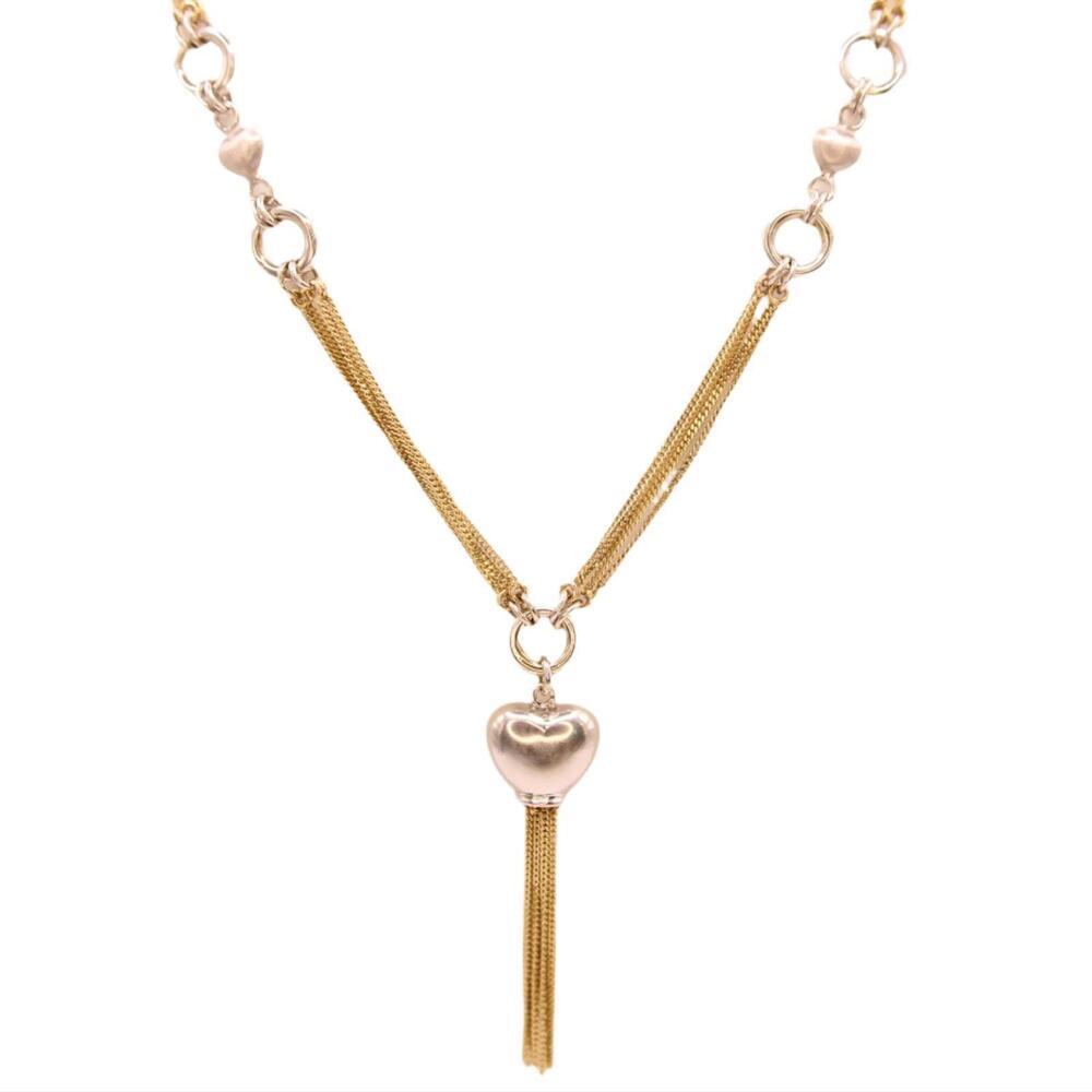 14kt Two Tone Yellow Gold Multi Strand Station Heart Fringe Statement Necklace